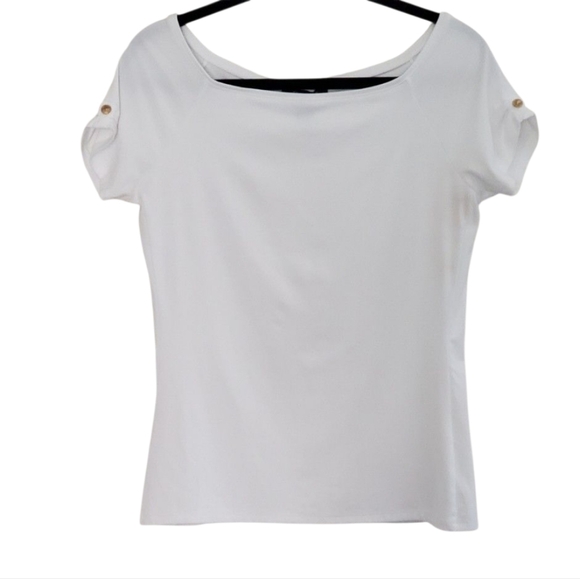 White House Black Market White Short Sleeve Boat Neck Top Button Details Size M - Picture 7 of 7